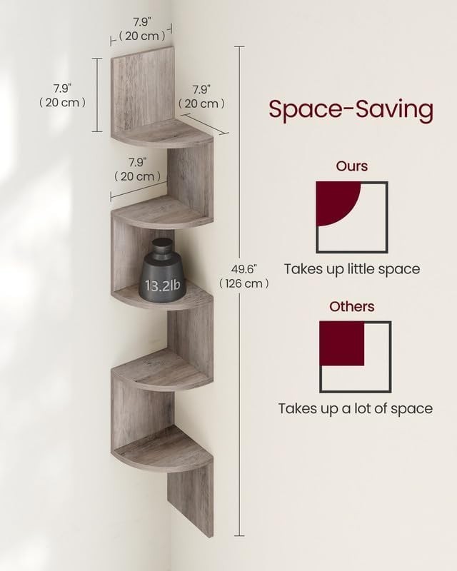 Wall-Mounted 5-Tier Corner Bookshelf – Chic Storage Solution in Heather Greige
