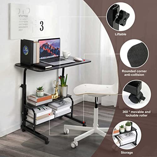 Adjustable Height Mobile Computer Desk for Small Space Rolling Writing Black