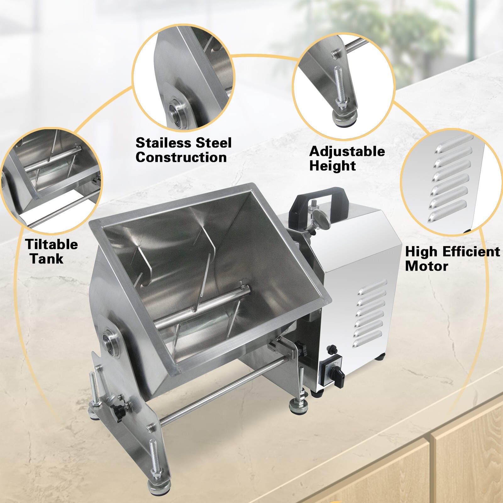Hakka Electric Meat Mixer 30lbs 15L Tiltable Capacity Tank Countertop Mixer