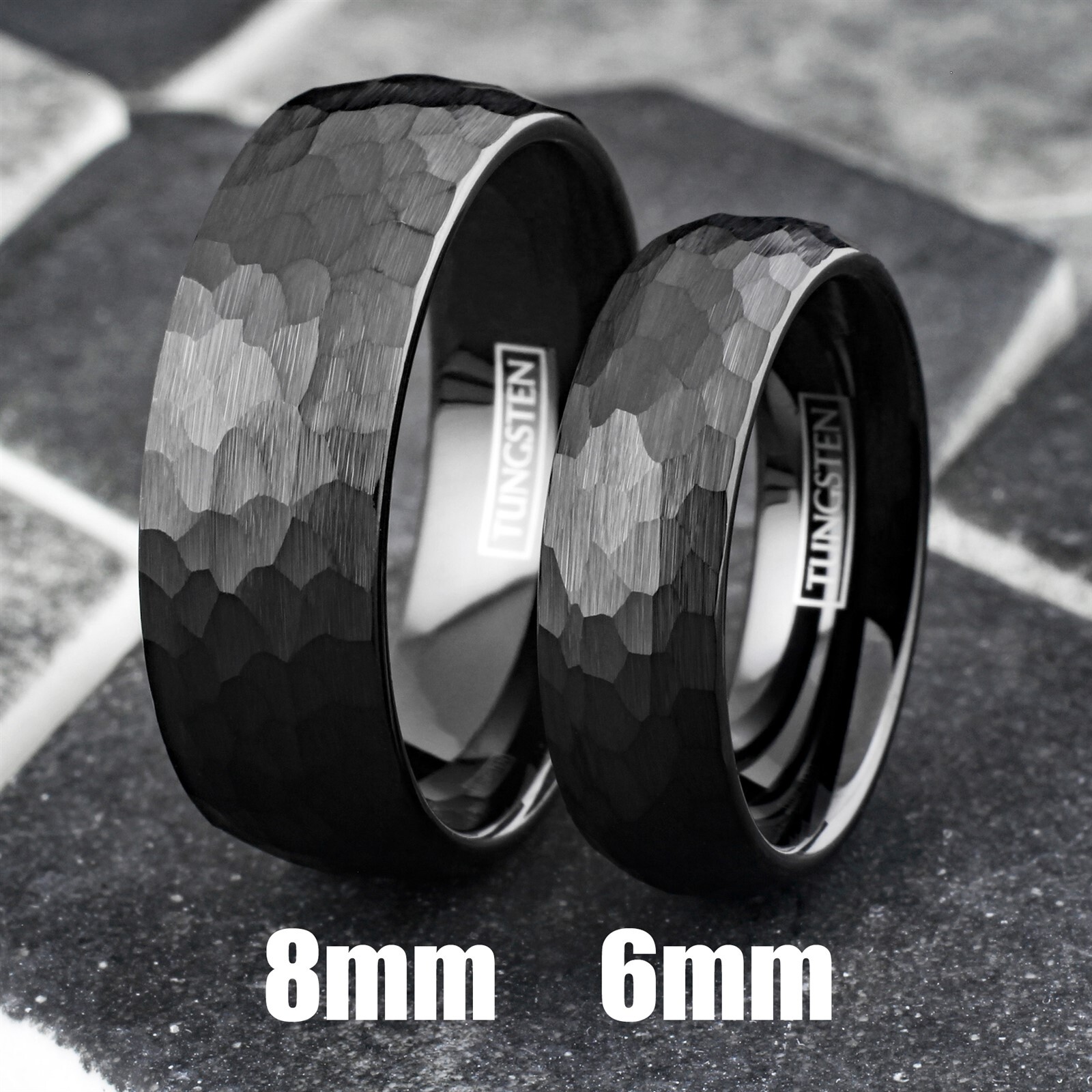 Black Tungsten Carbide Hammered Brushed Finish Men's Wedding Band Ring