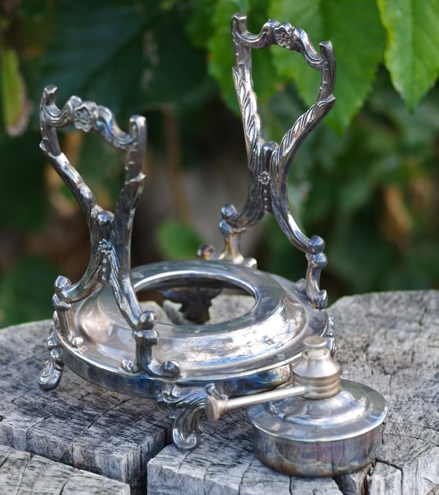 Antique Stand & Burner for Tilting Teapot Silverplate Made in USA Art Nouveau