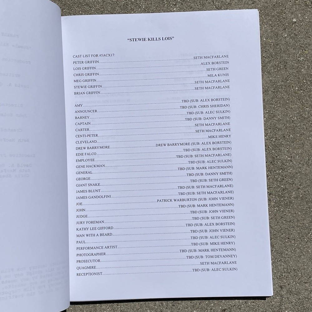 Family Guy 100th Episode SET Stewie Kills Lois Table Draft & Pre Draft Scripts