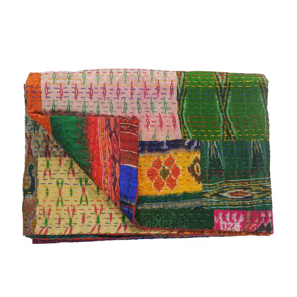 Faith Multicolored Patchwork Hand-Stitched All Natural Cotton Blend Throw Blanke