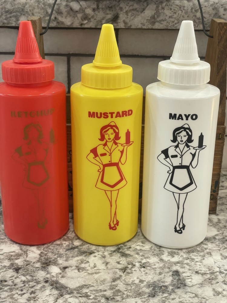 Condiment Wooden Holder w/ 3 Plastic Squeeze Bottles,