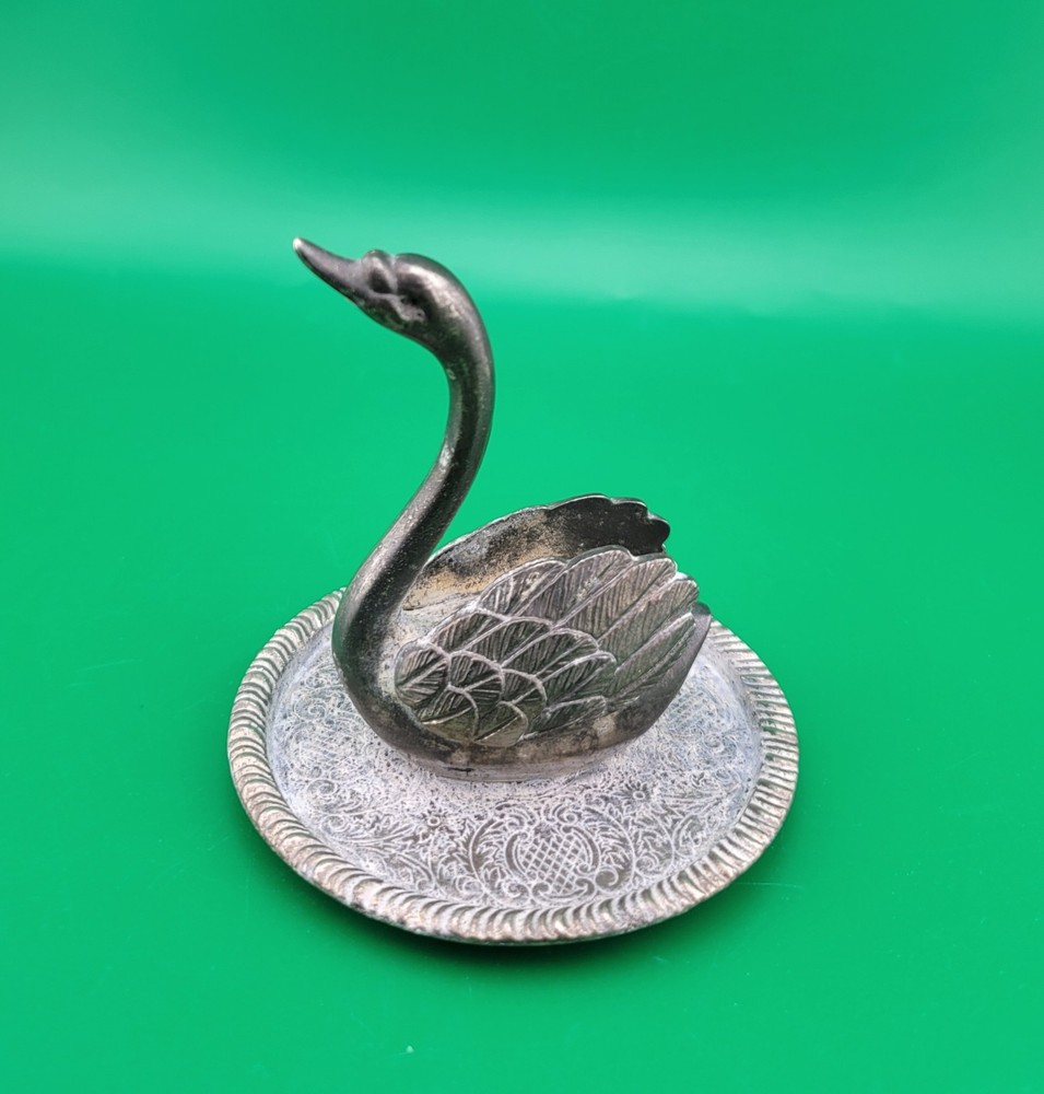 Vintage Plated EP Zinc Silver Swan Trinket Dish Bird Ring Holder Vanity Decor