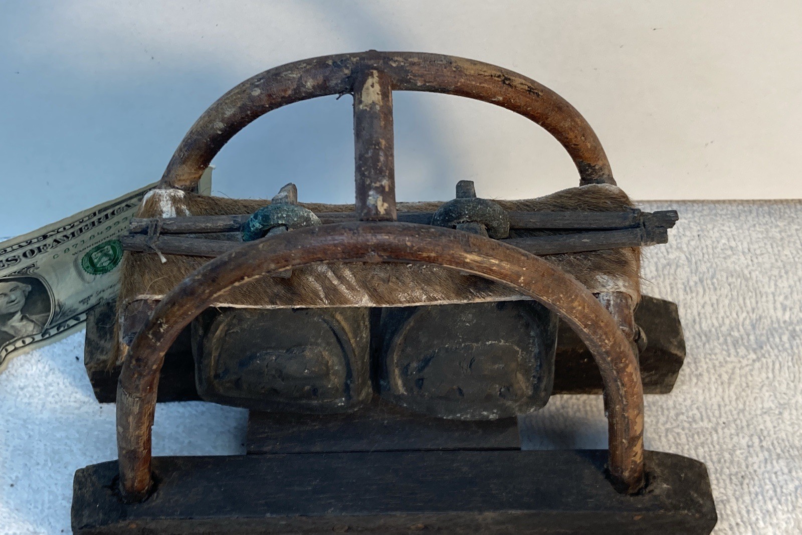 Vtg Karen Hill Tribe Double Elephant Bell w/ Bent Wood Stand & Hide - Thailand