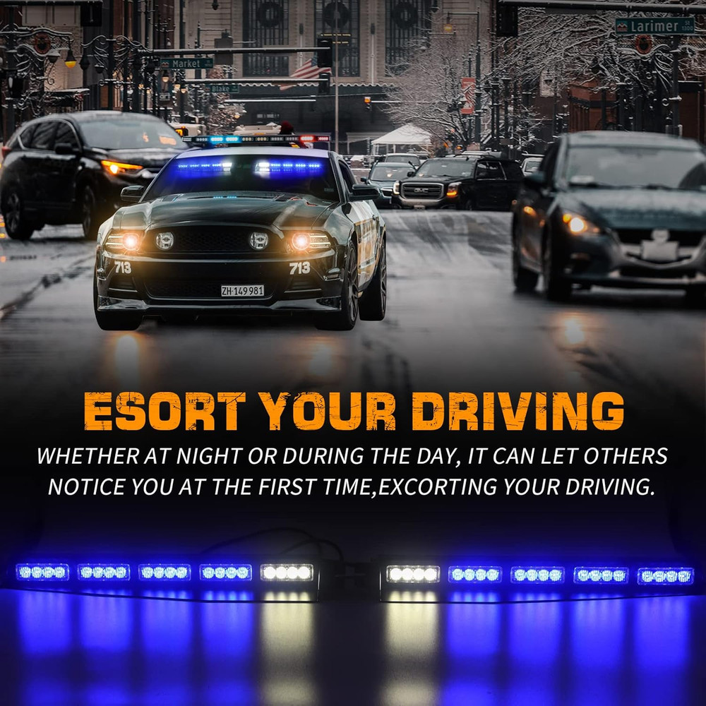 34 Inch Blue Emergency Visor Lights Bar Interior Front Windshield Strobe Lights