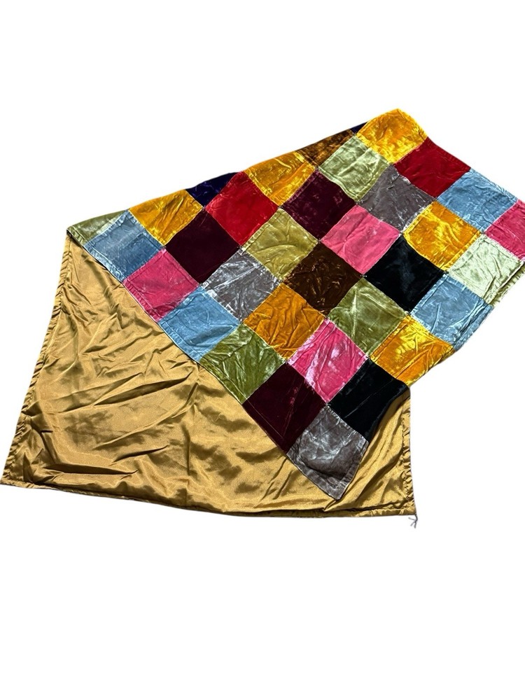 Velvet Patchwork Front Silk Lined Back Beaded Throw Shawl Lap Quilt Boho 68” X36