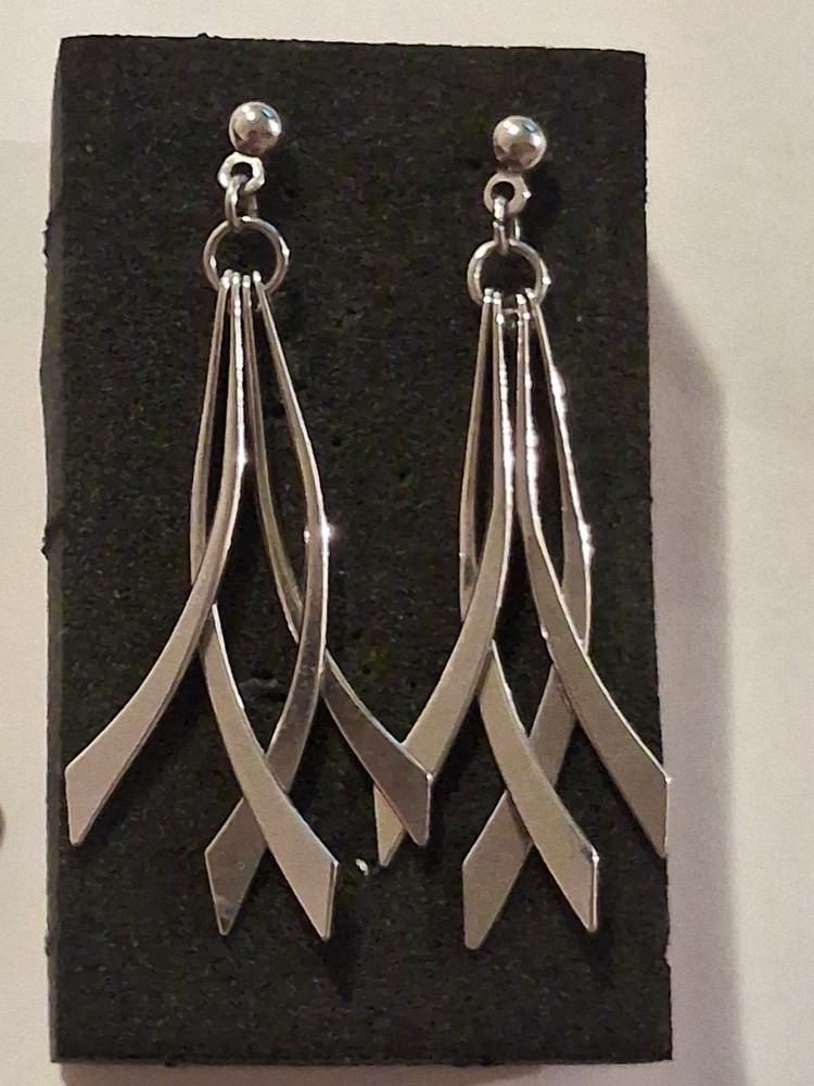 Modernist Drop Dangle Silver toned Earrings, 1.5"