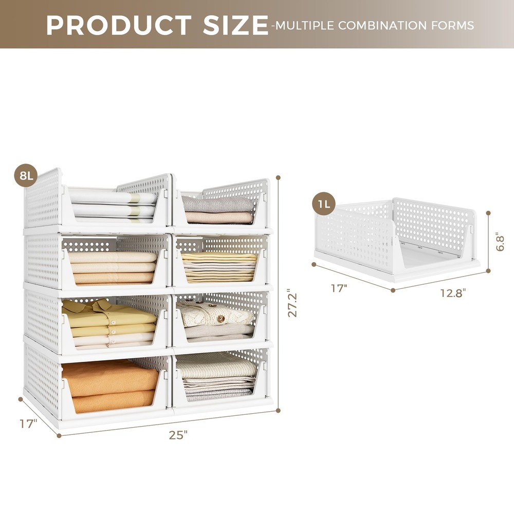 8 Pack Closet Organizers and Storage Plastic Stackable Storage Bins, Foldable...