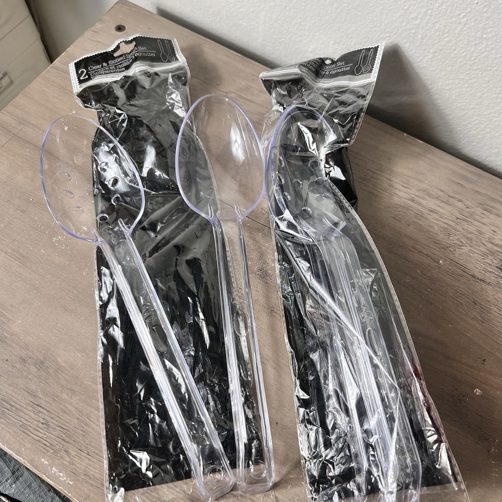 Clear Plastic Serving Spoon Set 2 Packs (2 Slotted 2 Solid) 12” Vtg 2001 READ