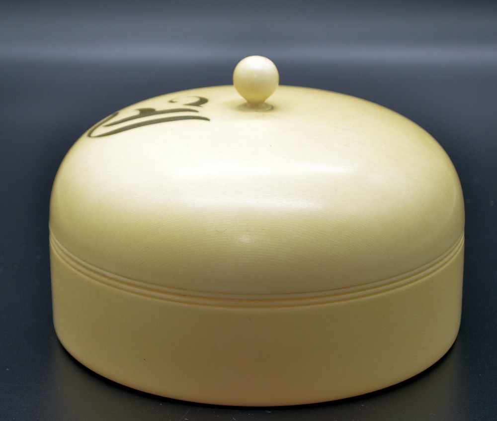 French Ivory Celluloid Powder Box Monogrammed E 5” Tall B-1