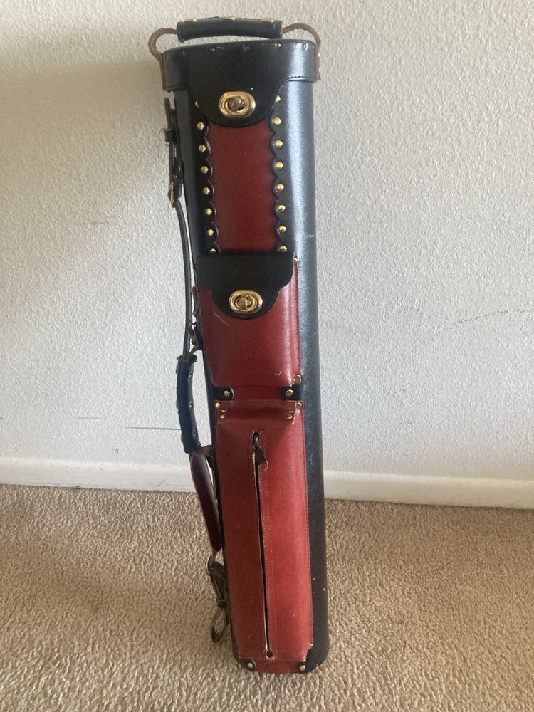 Black Red Leather Hard Billiard Cue Case Studded Multi-Compartment pool case