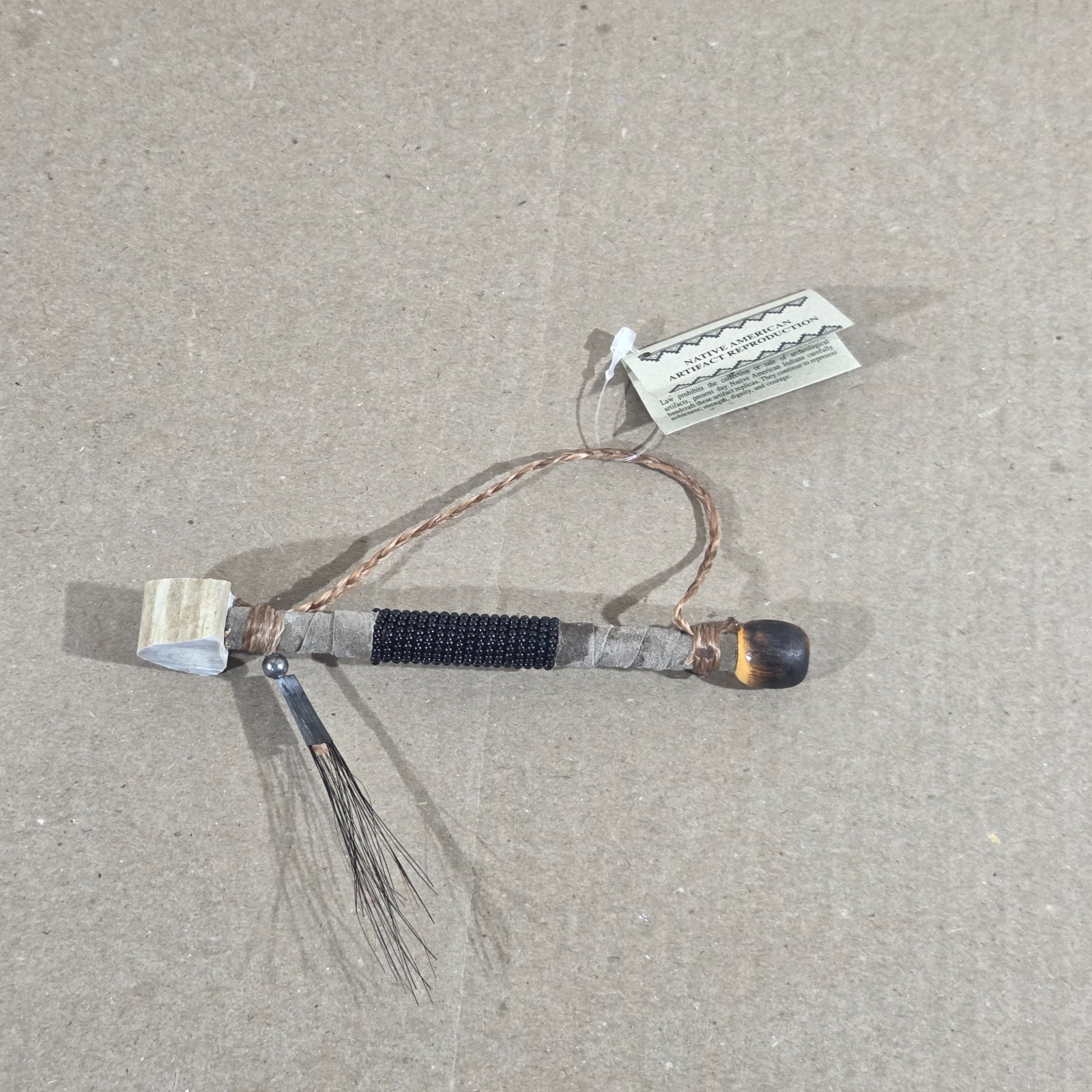 Authentic Navajo Peace Pipe 6" Handcrafted Black Beads leather wood stag