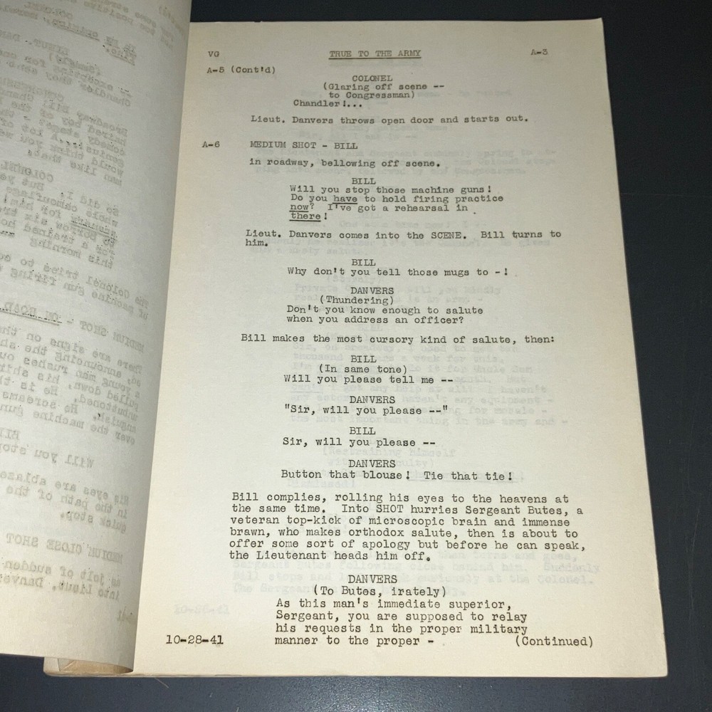Original 1941 True to the Army Movie Script Paramount Sequence Drafts Archive CO