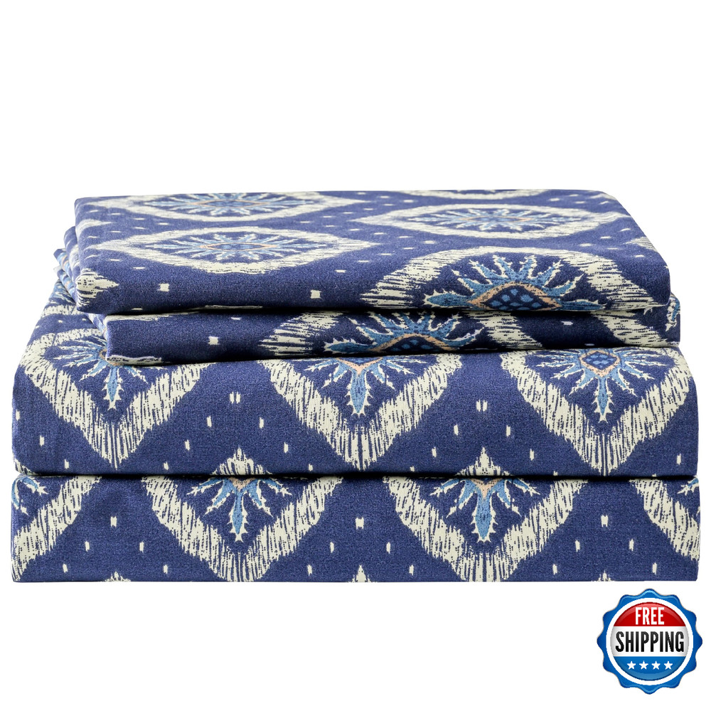 Yibeizi Navy Blue Boho Patterned Queen Sheet Set Microfiber 4 Piece Bedding