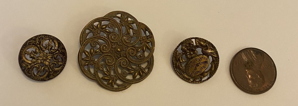 Antique Lacy Pierced Openwork Brass Button Lot 3 solid one-piece loop shanks