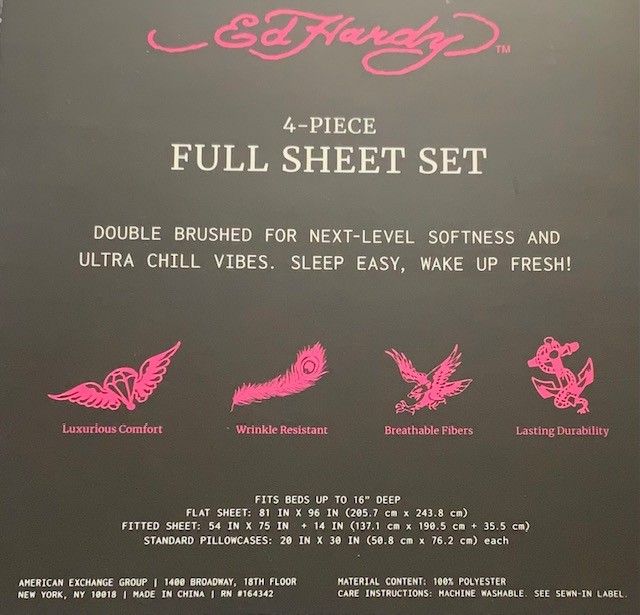 Ed Hardy Grey w/Chains, Cards, Dice, "7", Lucky Skulls &Logos 4pc FULL Sheet Set