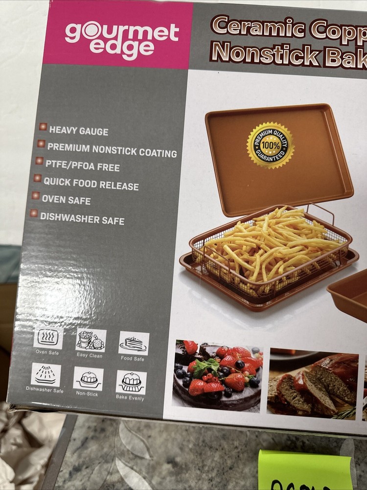 Gourmet Edge Copper Ceramic Nonstick Bakeware 6 Pc Set Cookie Sheet Cake Crisper