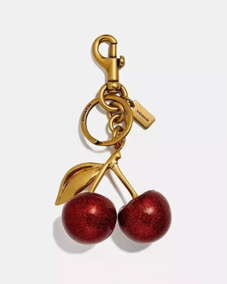 Cherry Bag Charm KeyChainCoachGlitter Resin Metal Brass Red Apple Gifts NIB