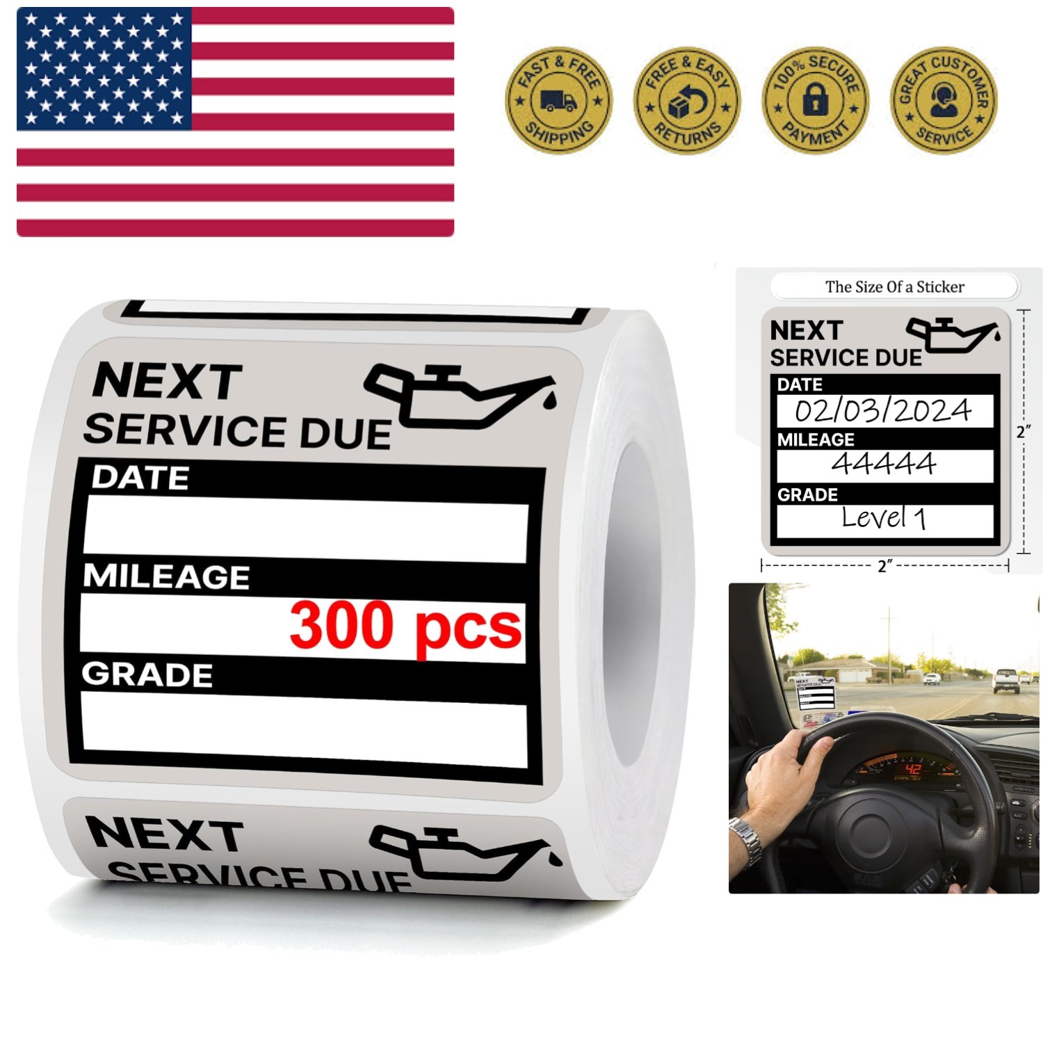 300 Oil Change Stickers, 2"x2" Easy Write Vinyl Labels, No Residue