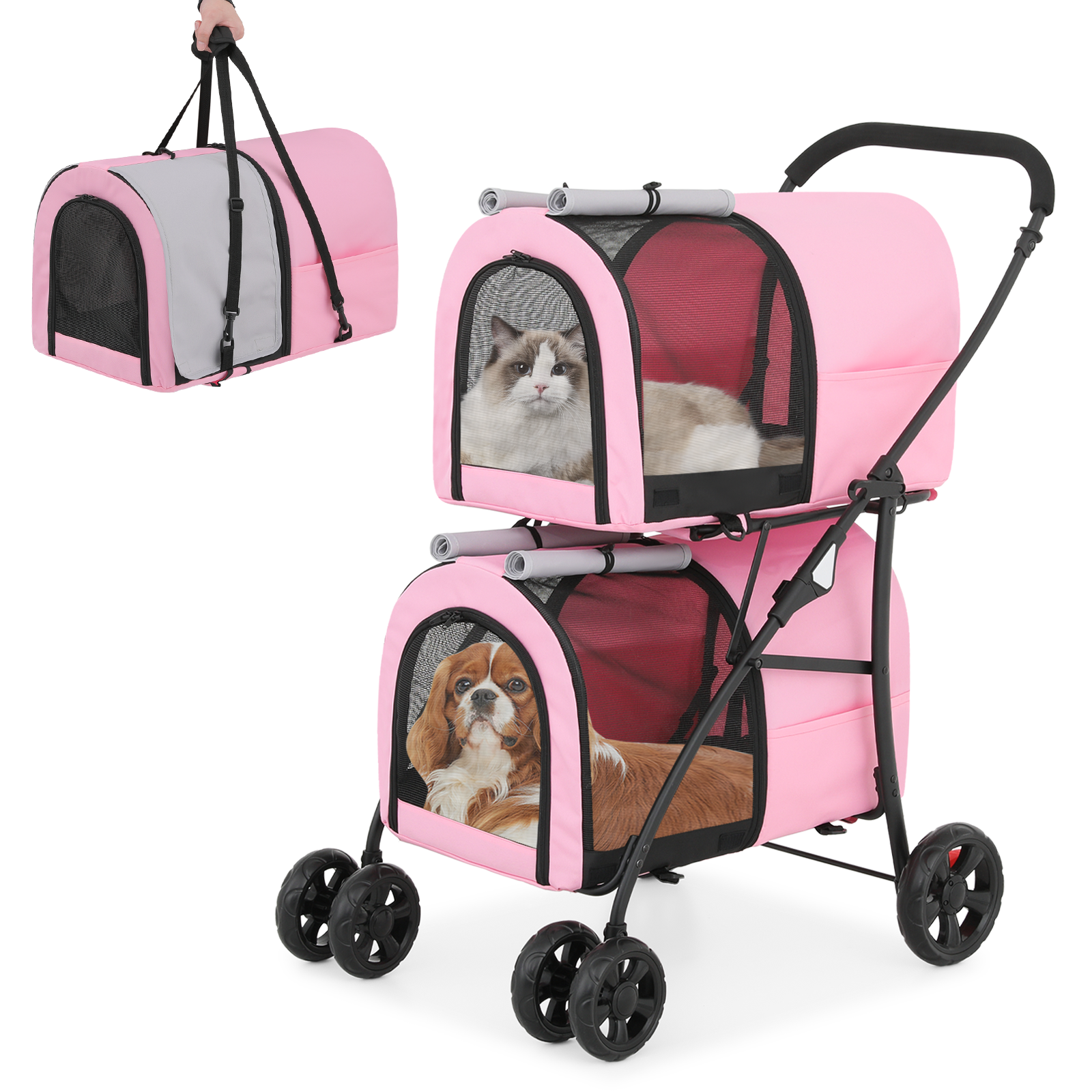Double 4 Wheels Layer Dog Stroller Folding Carrier Cage Travel Detachable Basket