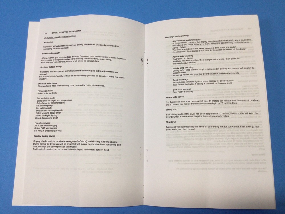 MANUAL ONLY Dacor Transcend SCUBA Dive Computer Book Instructions