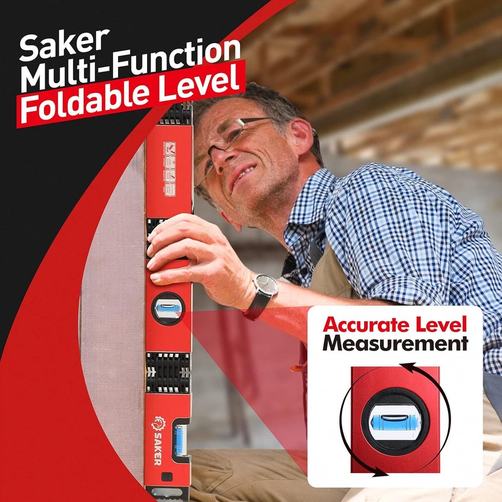 Saker Multi-function Foldable Level, 28-Inch Multi-Angle Measurement Red