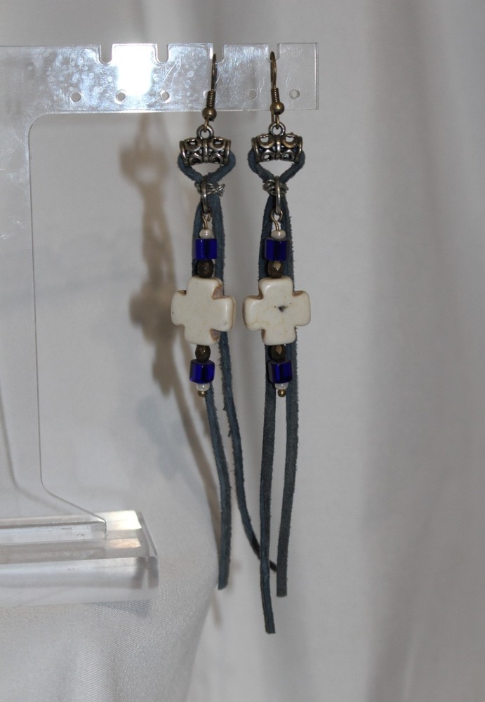 Nwt Handmade Leather Beaded Dangle Earrings