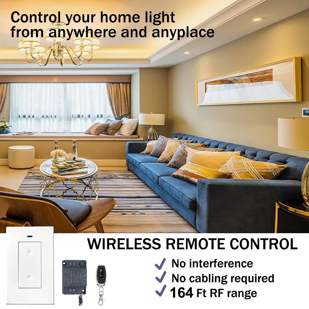 Wireless Light Switch and Receiver Kit,No Wiring,No WiFi,164Ft RF Range,Wirel...