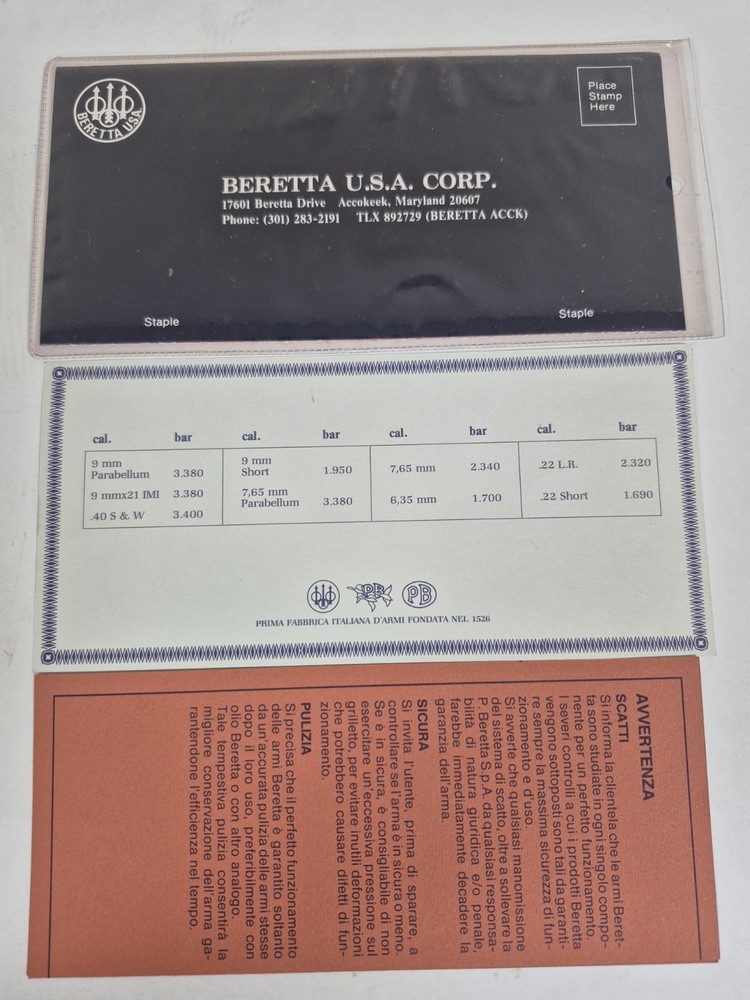 Berretta Warranty Packet Three Piece