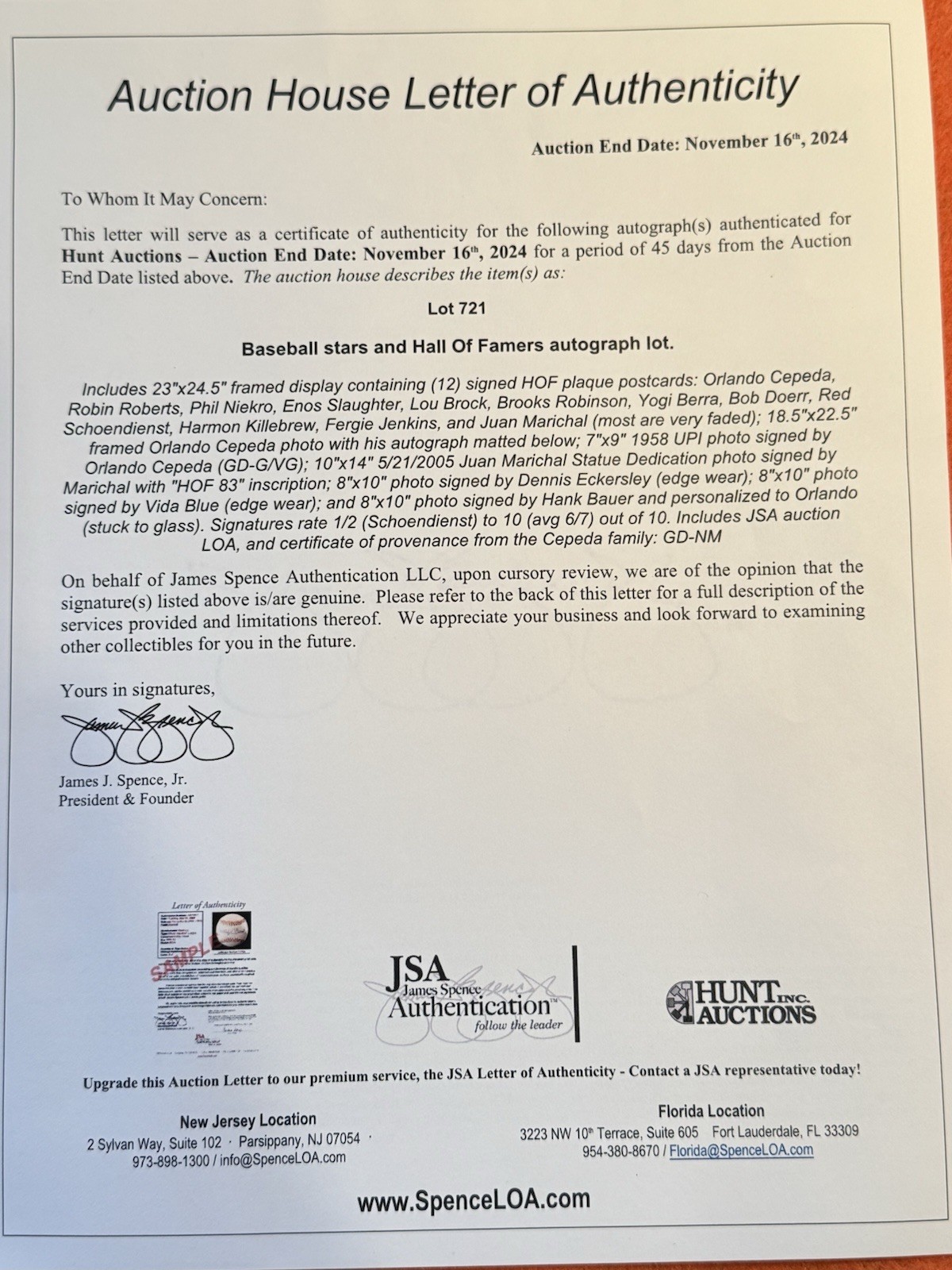 Orlando Cepeda Personally Owned Autographed Hall of Fame Plaque Framed Display