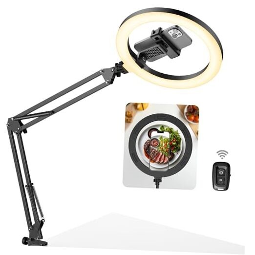 Overhead Phone Mount with Ring Light, 10" LED Selfie Ring Light for Medium