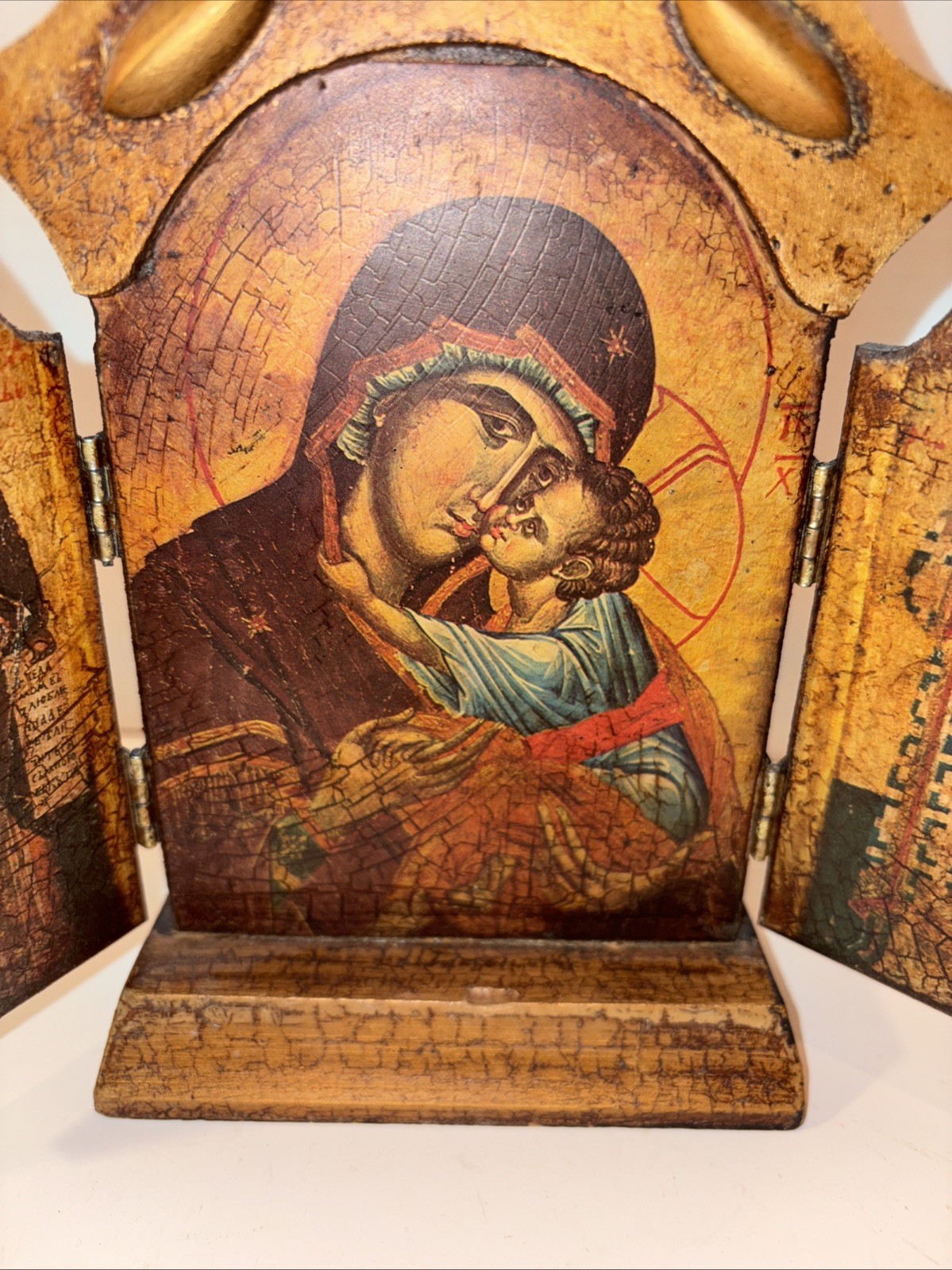 Religious Florentine Triptych Wood Plaque Gold Gilt Icon Relic Print