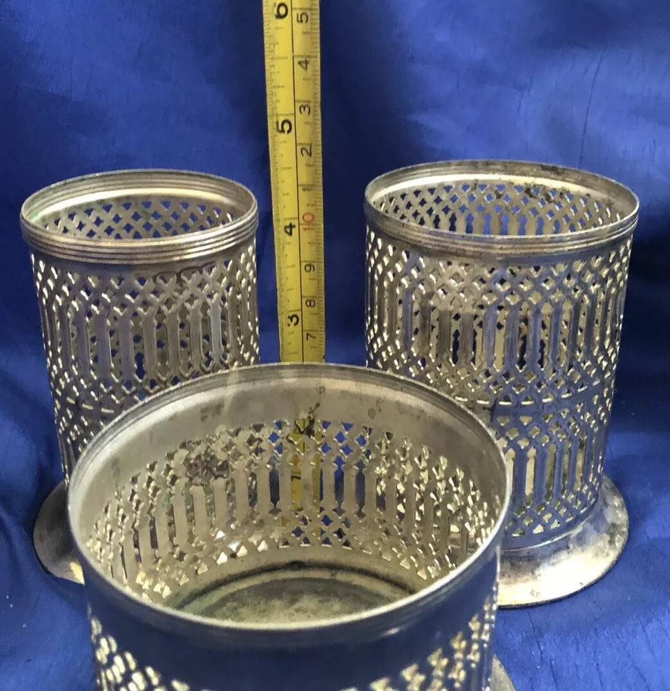 SilverPlate Japan Set Of 3 Round Vase Napkin Candle Holders Lattice Unique Rare