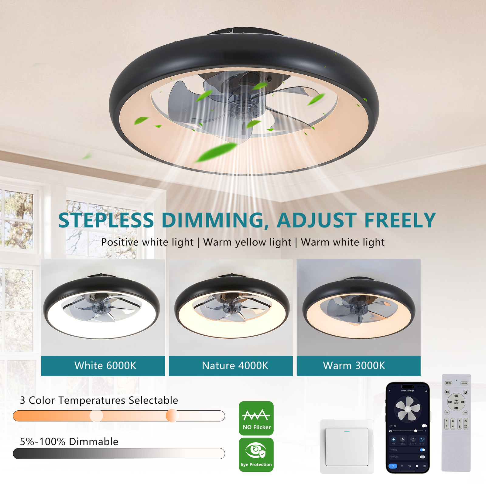 20" Black LED Ceiling Fan Light Flush Mount Modern kit With Remote APP Control