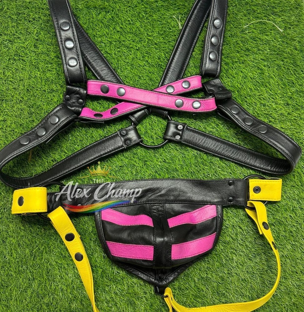 Men Leather Body Harness Chest Armor Adjustable Button With JockStrap.