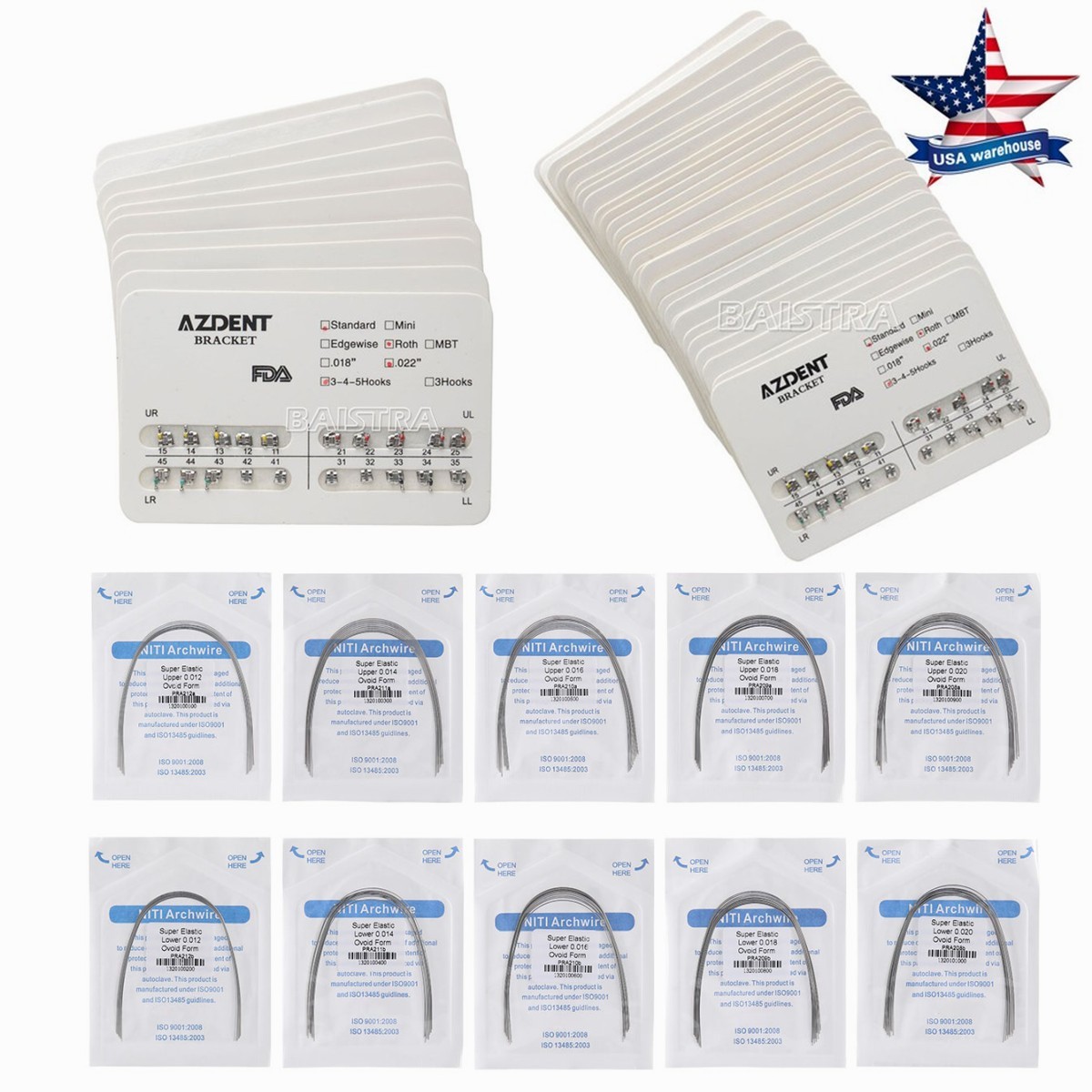 AZDENT Dental Orthodontic Brackets Braces /Supper Elastic Niti Arch Wires