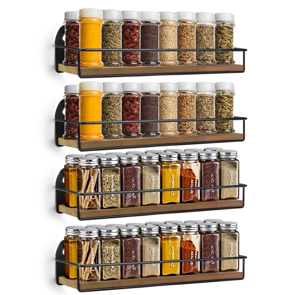 TJ.MOREE 4 Pack Wall Mounted Spice Rack Rustic Hanging Organizer