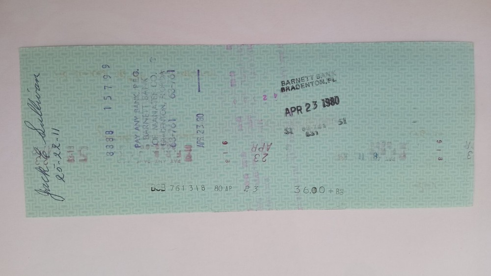 1980 Pirates (Spring Training Check) Bradenton, FL - Jack Sullivan #201