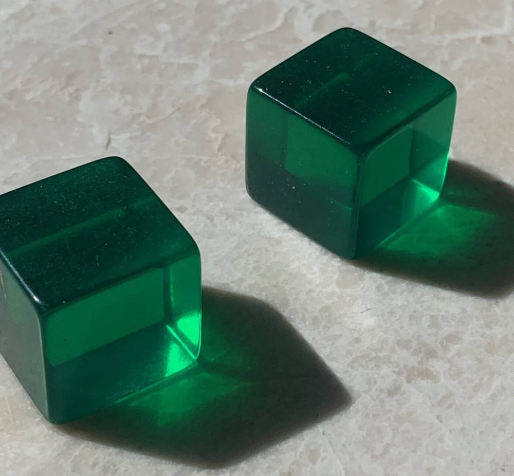 6 Old Bakelite or Lucite Green Translucent Cube Dice 3/4" diameter.