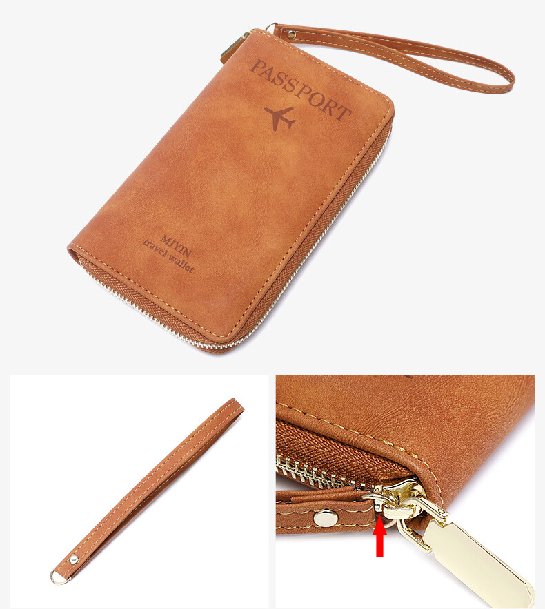 RFID Leather Travel Passport Case Cover Zipper Wallet Card Holder with Wristband