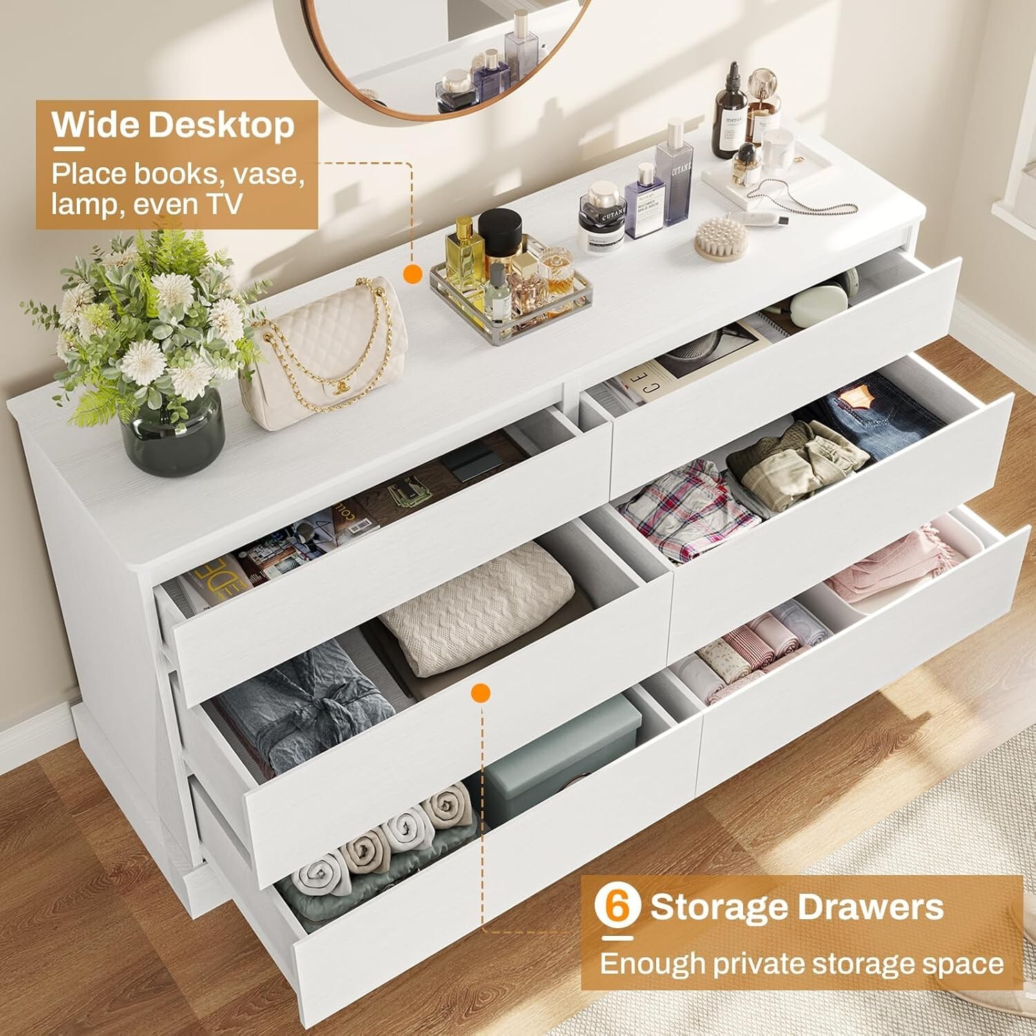 6 Drawer Double Dresser for Bedroom Chest of 6 Drawers Clothing Storage Cabinet