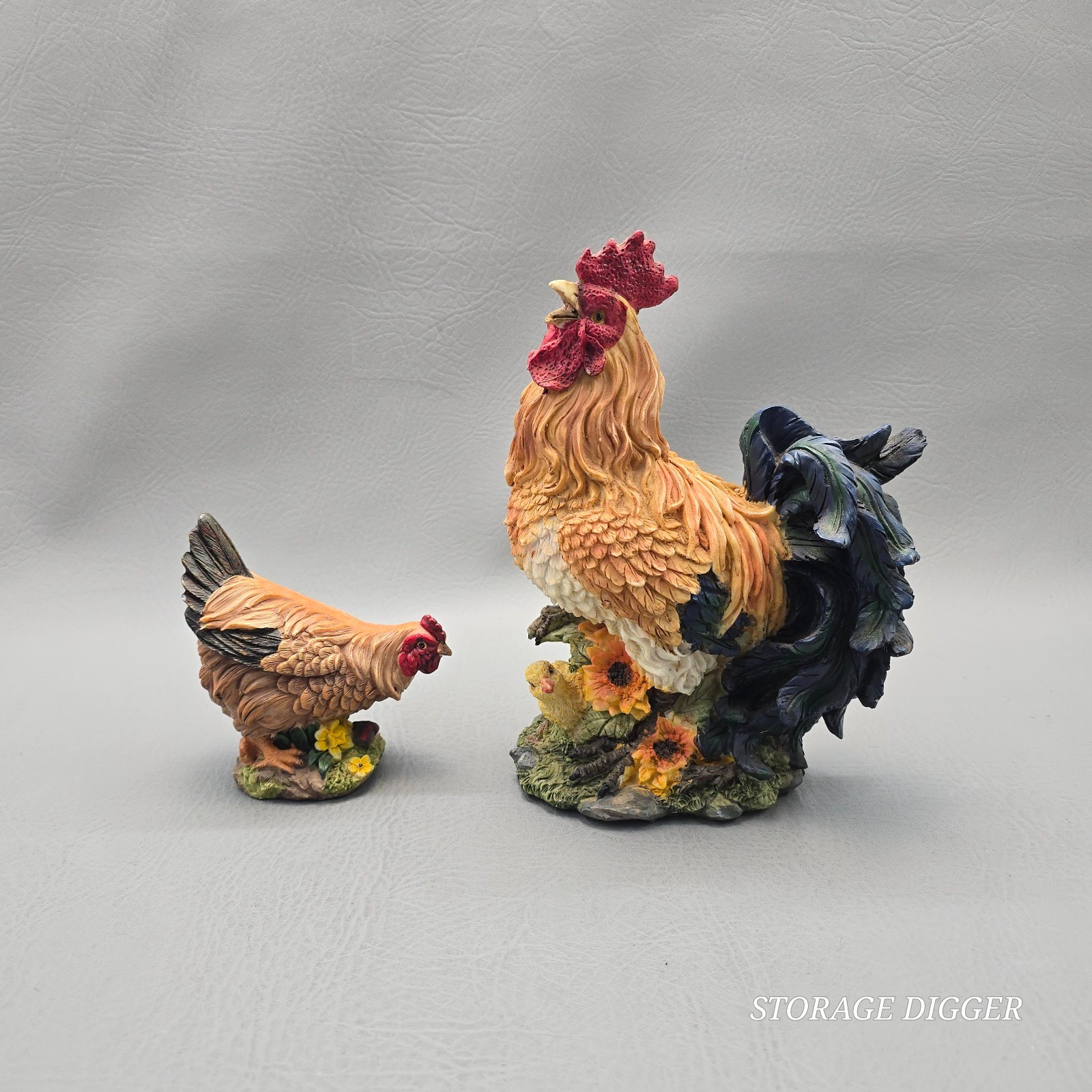 Vintage Resin Rooster and Hen Animal Figurines Farmhouse Decor 2 Pcs 9 in