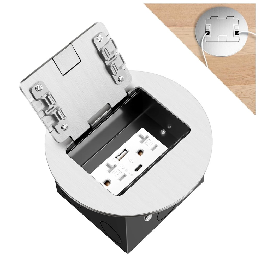4.8A Recessed Floor Electrical Outlet Kit with USB-A & Type-C Charging