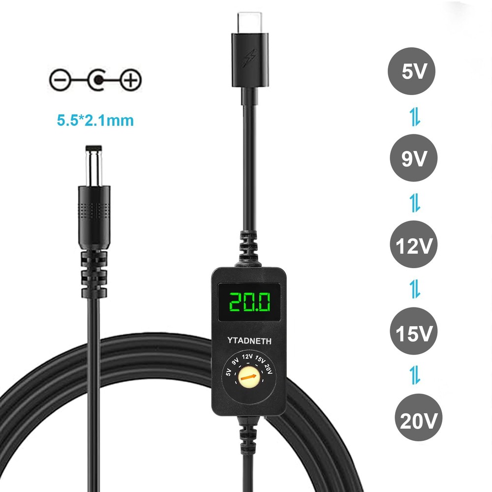 YTADNETH Universal USB C to DC Adapter, Barrel PD Trigger Cable, USB-C Black
