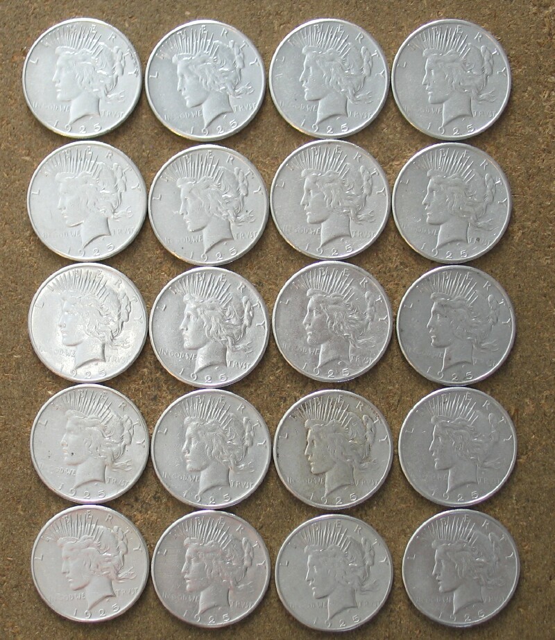 ROLL 1925-S PEACE SILVER DOLLARS.. AU/BU