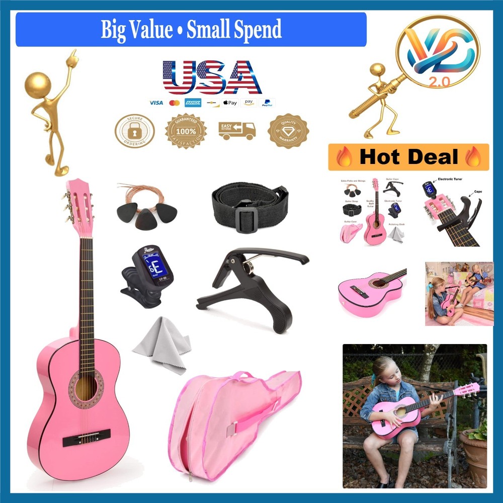 Pink 30-Inch Beginner Classical Guitar with Case & Accessories for Kids