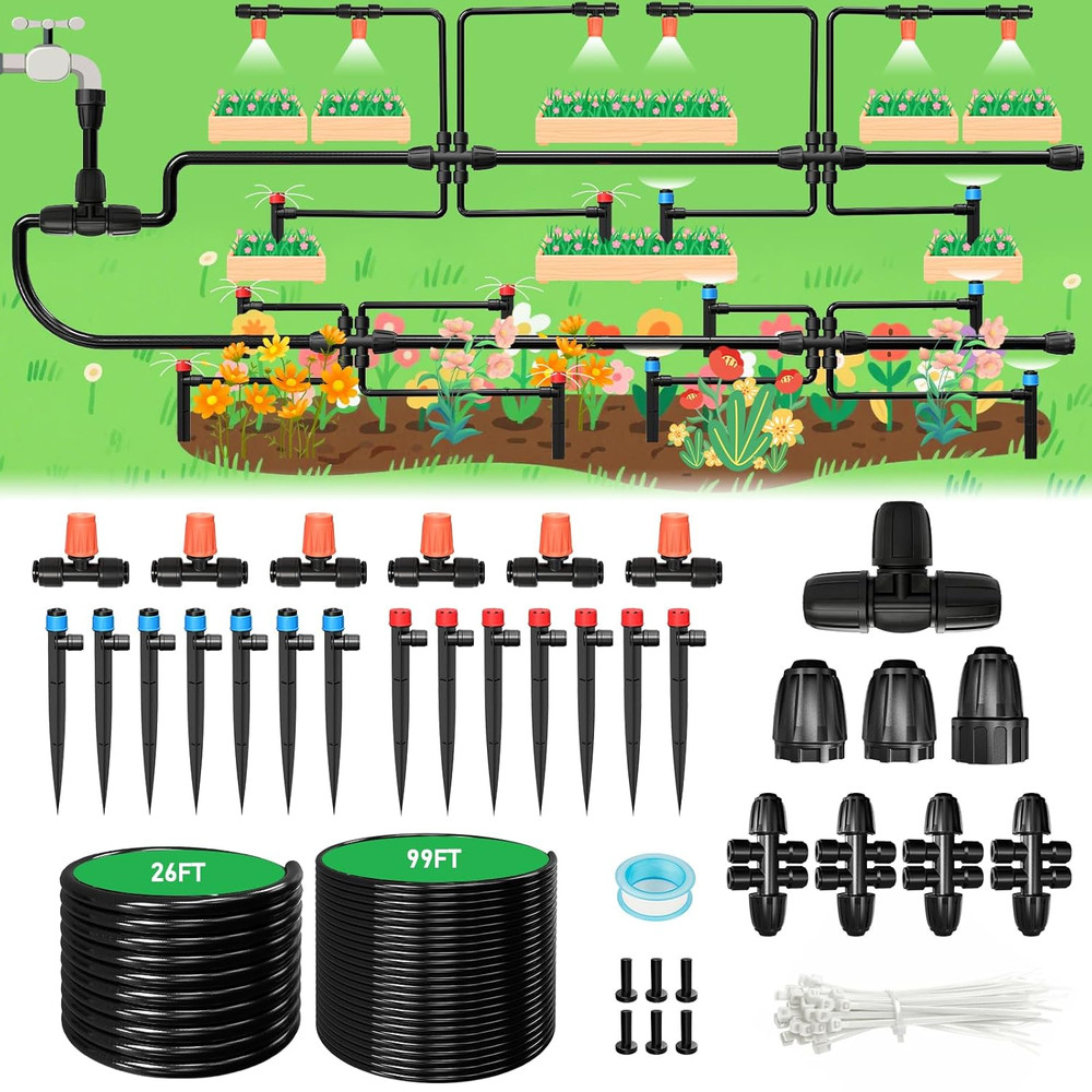 125FT Drip Irrigation System, Automatic Drip Irrigation Kit with 5/16" Main Tube