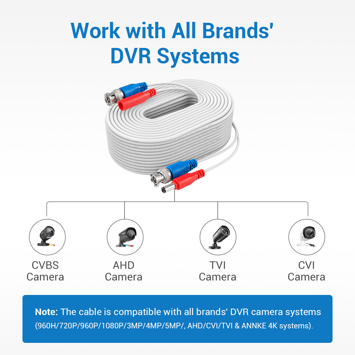 ANNKE 4PCS 100FT 30m Video Power BNC Cable for CCTV Security Camera System White